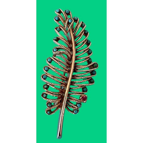 Vintage Barr Gold-Tone Leaf Pin Brooch With Green & Red Stones - Picture 1 of 4